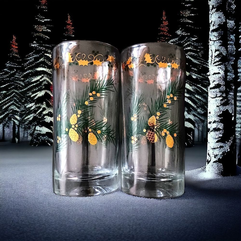 2 Hazel Atlas Pine Branch Glasses Tumblers Continental Can Co Gold Trim Holly